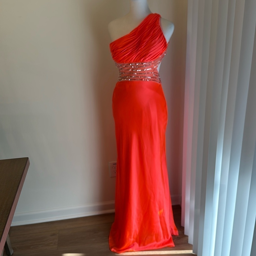Betsy & Adam One-Shoulder Sequin Backless Gown